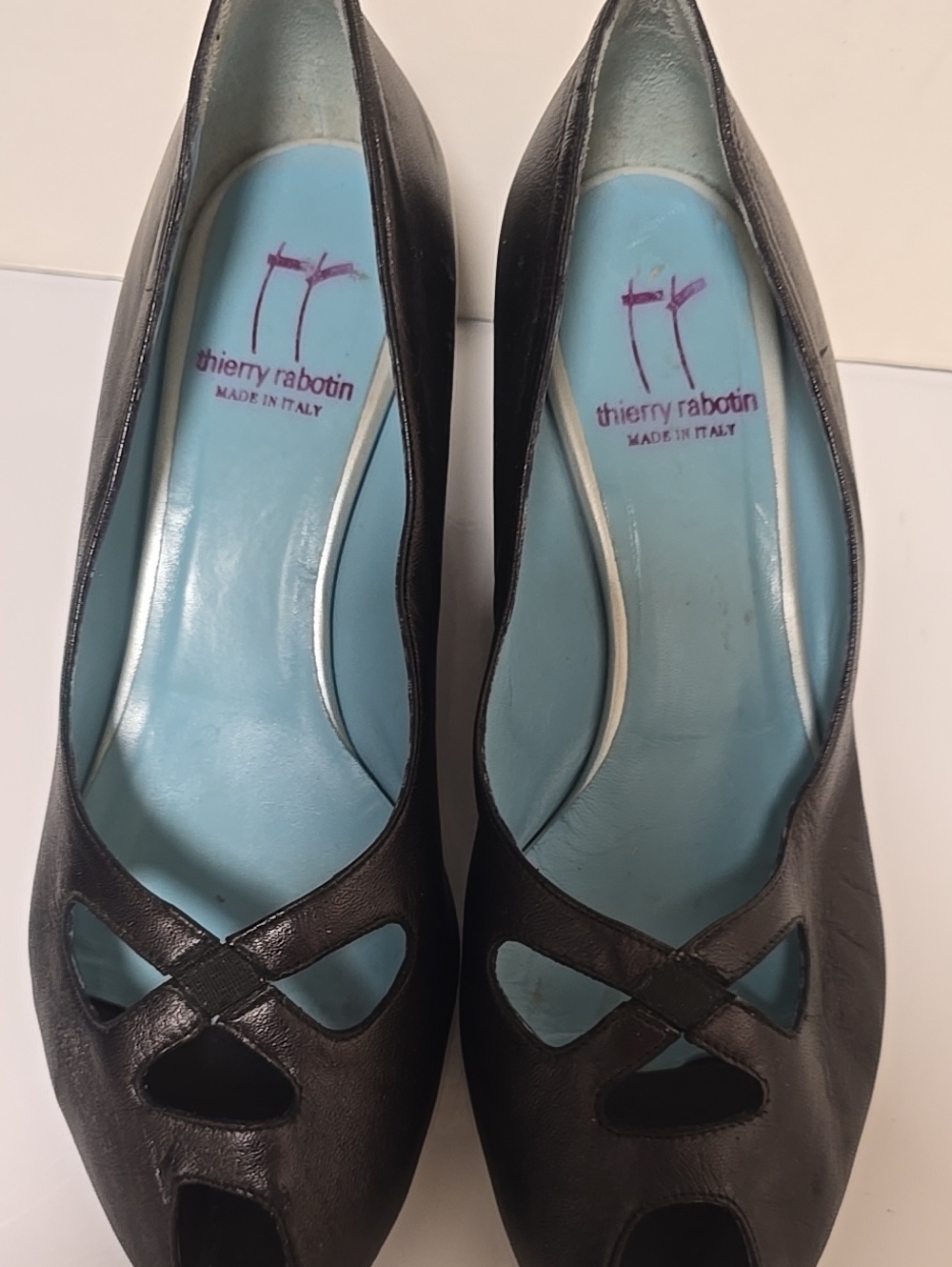 Thierry Rabotin Black Leather Peep-Toe Wedge Pumps with Blue Insoles